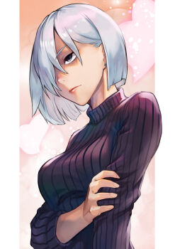 1girl arm_across_waist arm_at_side black_eyes black_sweater bob_cut breasts closed_mouth commentary_request earrings fiona_frost hair_over_one_eye hand_on_own_arm heart heart_background hinoru_saikusa jewelry lips long_sleeves medium_breasts one_eye_covered ribbed_sweater short_hair solo spy_x_family stud_earrings sweater turtleneck turtleneck_sweater upper_body white_hair