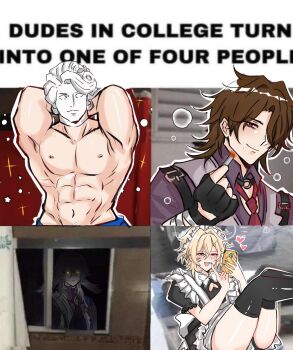 Rule 34 | 4boys, abs, aventurine (honkai: star rail), beard stubble, black dress, black gloves, black nails, black thighhighs, blonde hair, bow, bowtie, brown hair, brown shirt, cellphone, cigarette, cleavage cutout, clothing cutout, crossdressing, crossdressing (mtf), dark, dr. ratio (honkai: star rail), dress, dudes in college turn into one of four people (meme), english text, facial hair, fingerless gloves, gallagher (honkai: star rail), gloves, glowing, glowing eyes, grymme, hair between eyes, head wings, heart, highres, holding, holding cigarette, holding phone, honkai: star rail, honkai (series), jewelry, legs up, looking at viewer, maid, maid headdress, male focus, male maid, meme, multiple boys, muscular, muscular male, necktie, nipples, pectorals, phone, photo background, shirt, short hair, short sleeves, smartphone, smile, statue, stubble, sunday (honkai: star rail), sunday (sacerdos' relived ordeal) (honkai: star rail), thighhighs, topless male, traced, trap, white bow, white bowtie, window, wings