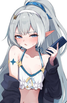 1girl bare_shoulders black_jacket blue_eyes blush commentary_request fang female_tyrant_(stella_sora) grey_hair hairband hand_up highres holding holding_phone jacket long_hair long_sleeves namama_(namama82) open_mouth phone pointy_ears simple_background solo stella_sora tyrant_(stella_sora) upper_body white_background white_hairband