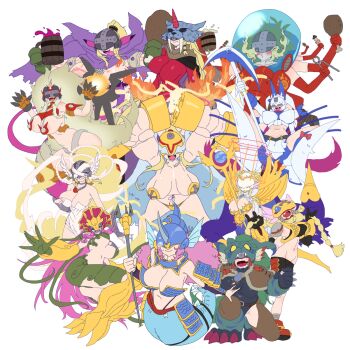 Rule 34 | angewomon, apollomon, apollomon (cosplay), bacchusmon, bacchusmon (cosplay), breasts, ceresmon, ceresmon medium (cosplay), cosplay, dianamon, dianamon (cosplay), digimon, digimon (creature), feathers, gerusyu, highres, junomon, junomon (cosplay), jupitermon, jupitermon (cosplay), long hair, looking at viewer, marsmon, marsmon (cosplay), mask, mercurymon, mercurymon (cosplay), minervamon, monster girl, neptunemon, neptunemon (cosplay), olympos xii, open mouth, polearm, simple background, smile, trident, venusmon, venusmon (cosplay), vulcanusmon, vulcanusmon (cosplay), weapon, white background, wings