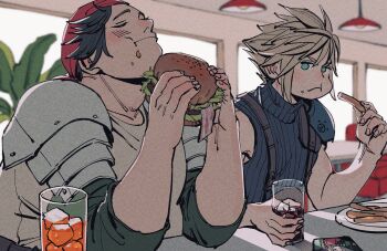 2boys armor black_hair blonde_hair blue_eyes blush burger cloud_strife diner eating closed_eyes final_fantasy final_fantasy_vii final_fantasy_vii_remake food food_on_face french_fries headband highres multiple_boys oimo_(oimkimn) short_hair shoulder_armor sleeves_rolled_up soda spiked_hair square_enix suspenders turtleneck wedge_(ff7)