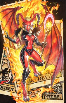 1girl alternate_form art_of_ellery bat_wings black_gloves black_panties blue_eyes breasts cleavage colored_skin commentary darkchylde demon_girl english_commentary fire fur_trim gloves highres holding holding_staff hooves horns large_breasts long_hair looking_at_viewer mage_staff magik_(x-men) marvel midriff navel new_mutants panties parted_lips pointy_ears red_horns red_skin red_wings solo staff tarot the_devil_(tarot) the_empress_(tarot) traditional_media transformation underwear wings x-men