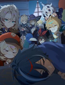 4boys 6+girls aether_(genshin_impact) ahoge albedo_(genshin_impact) amber_(genshin_impact) antenna_hair aqua_eyes balloon blonde_hair blue_capelet blue_eyes blue_hair blue_shirt bow braid brown_gloves brown_hair capelet clover_print crossed_bangs crystal_hair_ornament dark-skinned_male dark_skin eula_(genshin_impact) eyepatch flower genshin_impact gloves group_picture hair_between_eyes hair_bow hair_ribbon hairband half_up_half_down_braid hat hat_belt hat_feather hat_flower hat_ornament high_ponytail highres jean_(genshin_impact) kaeya_(genshin_impact) klee_(genshin_impact) lisa_(genshin_impact) long_hair mika_(genshin_impact) multicolored_capelet multicolored_hair multiple_boys multiple_girls nara_nakiri newsboy_cap one_eye_covered paimon_(genshin_impact) ponytail purple_capelet purple_flower purple_hat purple_rose red_hat red_ribbon ribbon rose scar scar_on_neck scarf shirt sidelocks smile white_hair white_scarf witch witch_hat yellow_eyes