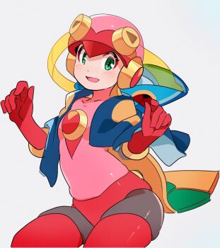 1girl 3suisousui black_bodysuit blonde_hair blush bodysuit cowboy_shot green_eyes helmet highres hood hooded_jacket jacket leotard long_hair mega_man_(series) mega_man_battle_network_(series) megaman.exe pink_helmet pink_leotard roll.exe_(mega_man) simple_background solo white_background