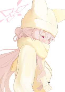 1girl akira_(blue_archive) alternate_costume animal_ear_headwear beanie blue_archive coat commentary_request covered_mouth enpera fake_animal_ears from_side fur-trimmed_headwear fur_trim half_updo halo hat highres long_hair long_sleeves looking_at_viewer looking_to_the_side mole mole_under_eye pink_eyes pink_halo profile scarf scarf_over_mouth silva_5656 simple_background solo upper_body white_background white_hair yellow_coat yellow_hat yellow_scarf