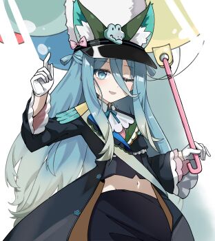 1girl ;d animal_ear_headwear black_coat black_jacket black_skirt blue_eyes blue_hair blue_ribbon coat commentary_request fake_animal_ears fur_hat gloves hands_up hat highres holding hururu_(vldptmxk1054) jacket korean_commentary long_hair midriff navel neck_ribbon one_eye_closed open_mouth ribbon sash shako_cap shirt shoulder_sash skirt smile solo upper_body white_gloves white_hat white_shirt xingqiyi_(xinyue_tongxing) xinyue_tongxing
