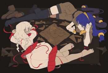 2girls 4qw5 absurdres barefoot black_thighhighs blue_hair blunt_bangs commentary_request dress earrings ebisu_eika highres jewelry key_earrings long_hair lying michigami_nareko multiple_girls smile thighhighs touhou white_dress white_hair