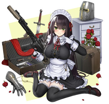 1girl apron assault_rifle black_dress black_thighhighs breasts brown_hair brown_shoes center_frills commentary_request dress flower frilled_dress frills gloves green_eyes gun handgun helmet highres hiyashiru holding holding_gun holding_weapon large_breasts long_hair long_sleeves looking_at_viewer maid maid_apron maid_headdress original red_flower red_rose rifle rose shoes solo suitcase sword thighhighs unworn_headwear unworn_helmet very_long_hair weapon white_apron white_gloves