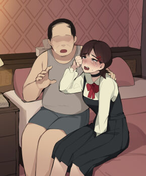 Rule 34 | 1boy, 1girl, age difference, arm between legs, black choker, black dress, blush, boxers, chainsaw man, choker, crying, crying with eyes open, dress, faceless, faceless male, fat, fat man, grey tank top, hand on another's shoulder, higashiyama kobeni, highres, indoors, looking up, male underwear, mature male, mole, mole under eye, mole under mouth, multiple moles, neck ribbon, pepper0, pinafore dress, prostitution, red ribbon, ribbon, shirt, sitting, sleeveless, sleeveless dress, snot, sweatdrop, tank top, tears, tissue box, underwear, white shirt