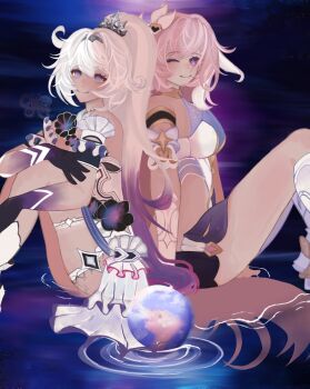 Rule 34 | 2girls, ;), ahoge, blue eyes, boots, breasts, commentary request, corset, diamond-shaped pupils, diamond (shape), earth (planet), elysia (herrscher of human: ego) (honkai impact), elysia (honkai impact), highres, honkai (series), honkai impact 3rd, kiana kaslana, kiana kaslana (herrscher of finality), knees up, long hair, medium breasts, multicolored hair, multiple girls, nanakoio, one eye closed, pink hair, planet, portuguese commentary, purple eyes, purple hair, purple hands, sitting, smile, symbol-shaped pupils, two-tone hair, very long hair, water, white boots, white corset, white hair