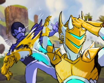 1boy 1girl armor artemis_(brawlhalla) brawlhalla commentary english_commentary financial_payment511 full_armor highres meme naoya_hitting_choso_without_looking_(meme) orion_(brawlhalla) outdoors purple_theme science_fiction upper_body yellow_theme