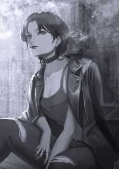 1girl absurdres against_wall barbell_piercing belt belt_collar breasts cleavage collar commentary crop_top curtained_hair denim doloyume ear_piercing earrings english_commentary eyelashes feet_out_of_frame greyscale highres industrial_piercing jacket jacket_on_shoulders jeans jewelry leather leather_jacket looking_at_viewer medium_breasts monochrome mouth_hold multiple_rings navel original pants parted_bangs parted_lips piercing ring short_hair sitting smoke smoking solo stud_earrings tank_top torn_clothes torn_pants