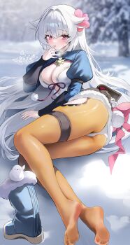 1girl absurdres ass blurry blush boots breasts breath cleavage depth_of_field flower fuyuka_(stella_sora) hair_between_eyes hair_flower hair_intakes hair_ornament highres long_hair long_sleeves looking_at_viewer lying medium_breasts mell_(dmwe3537) no_shoes on_side orange_pantyhose outdoors panties pantyhose pink_eyes shoes signature snow snow_boots snowman_ornament solo stella_sora tears thigh_strap thighs tree underwear unworn_shoes very_long_hair white_hair white_panties