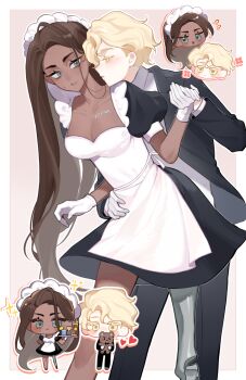 1boy 1girl absurdres alien_stage black_dress black_pants black_suit blonde_hair blue_eyes breasts brown_hair butler character_name chibi chibi_inset chinese_commentary cleavage collarbone colored_eyelashes commentary_request cowboy_shot curtained_hair dark-skinned_female dark_skin dress formal_clothes frilled_sleeves frills gloves hand_grab hand_on_another's_waist harunafuyuka heart hetero highres holding holding_stuffed_toy hyuna_(alien_stage) long_hair looking_at_another loose_hair_strand luka_(alien_stage) medium_breasts multicolored_dress pants prosthesis prosthetic_leg puffy_short_sleeves puffy_sleeves shirt short_hair short_sleeves sparkle stuffed_animal stuffed_toy suit sweatdrop very_long_hair white_dress white_gloves white_shirt yellow_eyes