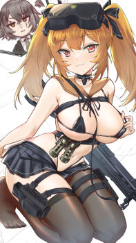 2girls :3 arm_behind_back bare_shoulders bikini black_bikini black_skirt blush breasts brown_hair commentary explosive fang full_body girls'_frontline girls'_frontline_2:_exilium grenade gun hair_between_eyes heart heart-shaped_pupils highleg highleg_bikini highres holster large_breasts leaning_forward lenna_(girls'_frontline_2) leva_(girls'_frontline_2) long_hair microskirt multiple_girls navel no_shirt orange_hair persocon93 pink_eyes pleated_skirt sitting skirt solo_focus stomach submachine_gun swimsuit symbol-shaped_pupils thigh_holster thigh_strap thighhighs thighs twintails ump45_(girls'_frontline) ump9_(girls'_frontline) weapon yellow_eyes