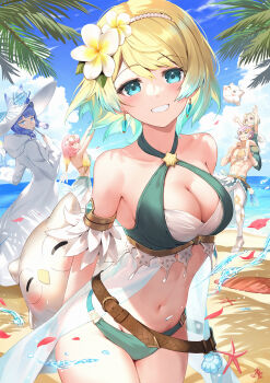 1boy 4girls aqua_bikini bare_shoulders beach bikini blonde_hair blue_hair breasts cleavage feh_(fire_emblem_heroes) fire_emblem fire_emblem_heroes fjorm_(fire_emblem) fjorm_(summer)_(fire_emblem) gradient_hair gunnthra_(fire_emblem) gunnthra_(summer)_(fire_emblem) hair_ornament hat highres hrid_(fire_emblem) jewelry long_sleeves medium_breasts multicolored_hair multiple_girls nakabayashi_zun navel nifl_(fire_emblem) nifl_(summer)_(fire_emblem) nintendo ocean official_alternate_costume outdoors sun_hat swimsuit ylgr_(fire_emblem) ylgr_(summer)_(fire_emblem)
