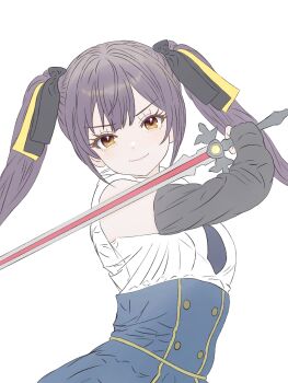 >:) 1girl assault_lily bare_shoulders black_gloves black_necktie black_ribbon blue_shirt buttons closed_mouth commentary_request elbow_gloves fingerless_gloves gloves hair_ribbon hand_up highres hishida_haru holding holding_sword holding_weapon light_blush long_hair looking_at_viewer necktie pickles_(picpicpickles) purple_hair ribbon shirt simple_background sleeveless sleeveless_shirt solo sword twintails two-tone_shirt upper_body v-shaped_eyebrows weapon white_background white_shirt yellow_eyes yellow_ribbon