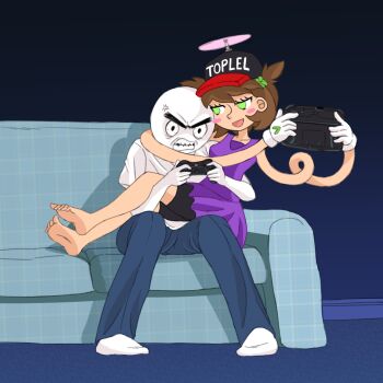 Rule 34 | 1boy, 1girl, angry, barefoot, bike shorts, blue pants, blush stickers, clenched teeth, couch, dress, game console, highres, pants, purple dress, s4s (4chan), sitting, sitting on lap, sitting on person, smug, socks, tagme, teeth, v (4chan), wii u