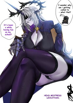 Rule 34 | 1boy, 1girl, absurdres, bare shoulders, black dress, black hair, black jacket, black panties, black pants, black thighhighs, breasts, center opening, covered eyes, dress, earrings, english text, fins, floating earrings, grey hair, hand up, head fins, highres, holding, horns, huge breasts, jacket, jewelry, leviathan (wuthering waves), long hair, male rover (wuthering waves), panties, pants, pantyshot, parted lips, purple horns, purple lips, rover (wuthering waves), single horn, sitting, teeth, thighhighs, thighs, tira (tiiramiiisu2), underwear, very long hair, wuthering waves