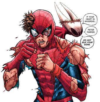 1boy 1girl animal_print artist_name blood blood_from_mouth bodysuit brown_eyes brown_hair bruise bruised_eye crossover crown_of_thorns english_text fighting_stance highres hollow_knight hollow_knight:_silksong hornet_(hollow_knight) injury jojo_no_kimyou_na_bouken looking_at_viewer marvel mask nosebleed peter_parker pizza990 scene_reference speech_bubble spider-man spider-man_(series) spider_print spider_web_print torn_bodysuit torn_clothes torn_mask white_mask