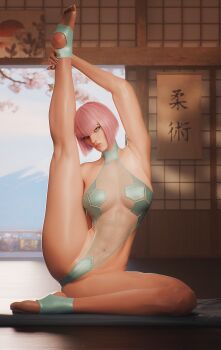 1girl 3d absurdres architecture arm_up blue_eyes blurry breasts cameltoe cherry_blossoms closed_mouth commentary covered_navel depth_of_field east_asian_architecture english_commentary flag_nails french_flag fugtrup head_tilt highres indoors large_breasts looking_at_viewer manon_legrand mountain nail_polish navel pink_hair protected_link see-through_clothes short_hair solo stirrup_legwear street_fighter stretching toeless_legwear toenail_polish toenails toned toned_female tree
