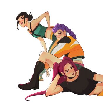 3girls black_hair black_nails boots braid braided_ponytail choker commentary crop_top cropped_jacket cropped_shirt double_bun fingernails gabbiepicasso hair_bun halterneck head_rest highres kpop_demon_hunters long_fingernails looking_at_viewer midriff mira_(kpop_demon_hunters) multiple_girls pink_hair purple_hair rumi_(kpop_demon_hunters) short_bangs sidelocks simple_background smile twintails white_background zoey_(kpop_demon_hunters)