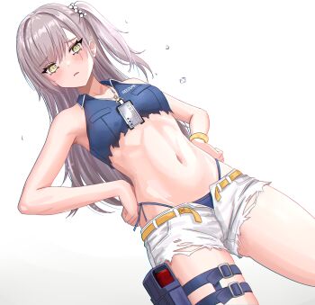 Rule 34 | absurdres, belt, blue tube top, blush, breasts, commentary, girls' frontline, girls' frontline 2: exilium, grey hair, hands on own hips, highres, legs, leva (girls' frontline 2), leva (sultry tempo) (girls' frontline 2), long hair, looking at viewer, navel, plunplun, scar, scar across eye, scar on face, short shorts, shorts, small breasts, stomach, strapless, tube top, ump45 (girls' frontline), untranslatable commentary, yellow belt, yellow eyes