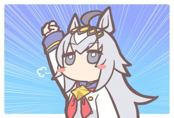 absurdres ahoge animal_ears arm_up blue_background blush commentary_request grey_eyes grey_hair hair_ornament highres oguri_cap_(umamusume) rhmainasu school_uniform shirt umamusume white_shirt