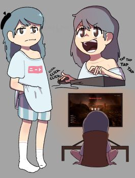 1girl absurdres beret black_hat blue_hair brown_eyes chair collarbone commentary computer_keyboard computer_mouse desk full_body grey_background hat highres hilda_(hilda) hilda_(series) long_hair lord_oscur0 monitor multiple_views off_shoulder on_chair onii-chan_wa_oshimai! open_mouth playing_games shirt short_sleeves shorts simple_background sitting socks solo standing striped_clothes striped_shorts t-shirt upper_body vertical-striped_clothes vertical-striped_shorts white_socks