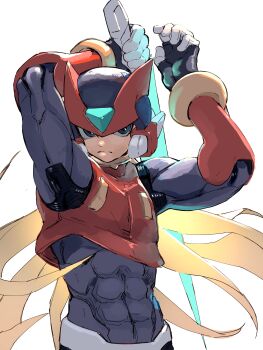 1boy absurdres armor black_eyes blonde_hair commentary_request energy_sword forehead_jewel helmet highres holding holding_sword holding_weapon long_hair male_focus mega_man_(series) mega_man_zero_(series) muscular muscular_male omochi_(mochi_skymega) red_armor red_helmet simple_background solo sword upper_body weapon white_background z_saber zero(z)_(mega_man) zero_(mega_man)