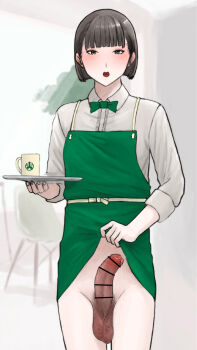 1futa absurdres apron apron_lift barista black_hair blush bottomless brown_eyes clothes_lift cup erection futanari highres looking_at_viewer medium_hair mug open_mouth precum smzqsk solo testicles tray waitress