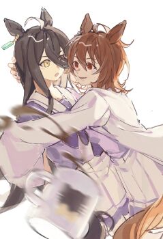 agnes_tachyon_(umamusume) ahoge animal_ears chemical_structure ear_ornament ear_tag earrings hair_between_eyes highres horse_ears horse_girl horse_tail jewelry lab_coat long_bangs long_hair_between_eyes manhattan_cafe_(umamusume) purple_shirt school_uniform shirt single_earring sirius_ica tail tracen_school_uniform umamusume umamusume:_beginning_of_a_new_era yellow_eyes