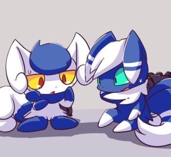 Rule 34 | 1boy, 1girl, blue eyes, brown eyes, buro (block), gen 6 pokemon, meowstic, meowstic (female), meowstic (male), nintendo, no humans, open mouth, pokemon, pokemon (creature)