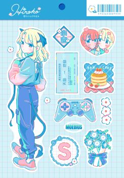 1boy 1girl artist_name backless_shirt barcode blonde_hair blue_background blue_flower blue_pants blue_shirt blush cheek-to-cheek commentary_request controller demon_boy demon_tail demon_wings flower food game_controller gradient_clothes gradient_shirt grid_background head_wings heads_together highres hiro046k looking_at_viewer looking_back original outline pancake pants pink_shirt pink_shoes red_eyes red_hair s_(letter) shirt shoes sticker_sheet_(medium) tail twitter_username white_flower wings