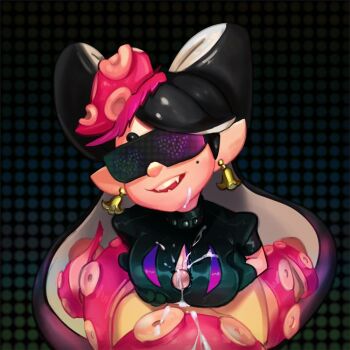 1girl alternate_costume black_gloves breasts breasts_squeezed_together callie_(octo_idol_outfit)_(splatoon) callie_(splatoon) cleavage cleavage_cutout clothing_cutout collar cum cum_on_body cum_on_breasts cum_on_upper_body earrings facial fangs food food-themed_earrings food_on_head glasses gloves head_tilt hetero inkling jewelry large_breasts long_hair mind_control mole mole_under_eye nintendo object_on_head opaque_glasses paizuri paizuri_under_clothes penis pink-tinted_eyewear pink-tinted_glasses pointy_ears pov purple-tinted_eyewear purple-tinted_eyewear solo_focus splatoon_(series) splatoon_2 studded_collar sunglasses tech_control tentacle_hair tentacles thick_eyebrows thirnz tinted_eyewear visor