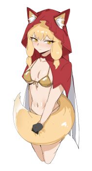 1girl absurdres animal_ear_fluff animal_ears arknights arknights:_endfield bikini black_gloves blonde_hair blush breasts cape convenient_tail cowboy_shot ears_through_hood gloves gold_bikini highres hood hood_up hooded_cape looking_at_viewer medium_breasts medium_hair navel red_cape rossi_(arknights) simple_background solo swimsuit tail v-shaped_eyebrows vertin_(u_vertin) wavy_mouth white_background wolf_ears wolf_girl wolf_tail yellow_eyes