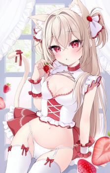 1girl animal_ear_fluff animal_ears arm_support blonde_hair blush bow breasts bustier cat_ears cat_girl cat_tail chestnut_mouth cleavage cleavage_cutout clothing_cutout cross-laced_clothes crossed_bangs double-parted_bangs extra_ears food frilled_cuffs fruit garter_straps highres holding holding_food long_hair mia_(mk2022) navel original panties red_eyes small_breasts solo strawberry tail tail_bow tail_ornament thighhighs two_side_up underwear very_long_hair white_panties white_thighhighs window