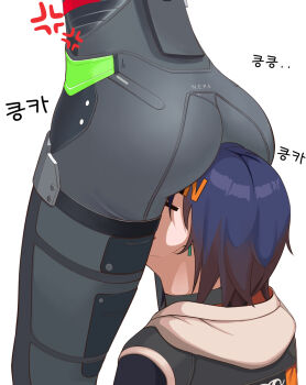 2girls anger_vein ass ass_press belle_(zenless_zone_zero) blue_hair ear_piercing earrings face_in_ass hair_ornament hairclip high-waist_pants highres hood hoodie jewelry korean_commentary korean_text latex_pants multiple_girls pants piercing sitting sitting_on_face sitting_on_head sitting_on_person smelling smelling_ass suna0964 suna_64 thigh_strap thighs tight_clothes tight_pants white_background yuri zenless_zone_zero zhu_yuan