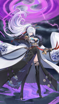 1girl belt belt_buckle black_belt black_boots black_fur black_gloves blue_eyes boots breasts buckle character_request cleavage coat dark_background electricity electro_symbol_(genshin_impact) fingerless_gloves fingernails flower full_body gloves hair_over_one_eye high_heel_boots high_heels highres holding holding_sword holding_weapon houchi_shoujo large_breasts light_smile long_hair looking_at_viewer official_art pale_skin parted_lips pink_lips ponytail purple_flower single_fingerless_glove solo storm sword thigh_boots very_long_hair weapon white_coat white_hair wind