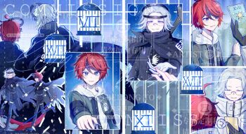 2boys ahoge aotsuki_eito armband black_cape black_cloak black_gloves black_jacket black_pants black_streaks blue_eyes cape card chinese_commentary cloak collage commentary_request commission fanfiction_available gakuran glasses gloves grey_hair grey_jacket headgear holding holding_card holding_hands holding_scythe holding_sword holding_weapon hood hoodie jacket jacket_over_hoodie last_defense_academy_school_uniform male_focus mizongwenwu multicolored_hair multicolored_jacket multiple_boys open_clothes open_jacket outstretched_hand pants purple_eyes red_hair red_pubic_hair school_uniform scythe second-party_source short_hair smile streaked_hair sumino_takumi sword tarot tarot_card the_hundred_line_-last_defense_academy- the_star_(tarot) too_many_watermarks two-tone_jacket watermark weapon white_armband white_gloves white_hoodie white_jacket yaoi