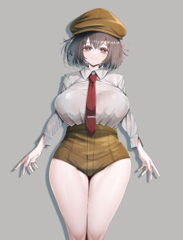 Rule 34 | 1girl, absurdres, aonori00, breasts, brown eyes, brown hair, brown hat, closed mouth, commentary request, commission, grey background, hat, heart, heart-shaped pupils, highres, large breasts, legs, long sleeves, looking at viewer, necktie, newsboy cap, pointy ears, red necktie, shameimaru aya, shameimaru aya (newsboy), shirt, short hair, simple background, skeb commission, smile, solo, symbol-shaped pupils, touhou, variant set, white shirt