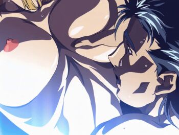 00s 1boy 1girl 2004 animated animated_gif anime_screenshot bible_black bible_black_new_testament blonde_hair breasts closed_eyes earrings embarrassed girl_on_top grabbing_another&#039;s_breast groping groping_breast high_ponytail jewelry large_breasts large_penis lips lipstick makeup moaning navel nipples nude oshima_takeshi penis ponytail saeki_kaori shin_bible_black shiny_skin sweat tagme vice_principal