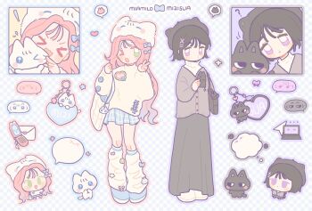 ! &gt;_&lt; 2girls ? alien_stage alternate_costume bag black_bag black_cat black_hair black_hat black_skirt blue_shoes blue_skirt cardigan cat charm_(object) checkered_background chinese_commentary coldmeow commentary_request emoticon green_eyes grey_cardigan hat highres kaomoji leg_warmers long_hair mizi_(alien_stage) multiple_girls one_eye_closed partial_commentary pink_hair plaid_clothes plaid_skirt purple_eyes sanrio shoes short_hair shoulder_bag skirt speech_bubble sua_(alien_stage) sweater thought_bubble turtleneck turtleneck_sweater v very_long_hair white_bag white_cat white_hat white_leg_warmers white_shoes white_sweater