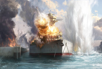 battle blue_sky cannon chain darren_tan day dock explosion fire harbor no_humans ocean original scenery ship ship_turret sky smoke water watercraft world_war_ii