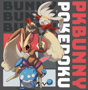 1girl 2others absurdres animal_ears animal_nose azumarill black_sclera blue_fur brown_fur colored_sclera full_body furry furry_female gen_2_pokemon gen_4_pokemon gen_8_pokemon grey_background highres holding hood hoodie looking_at_another lopunny multiple_others nintendo open_mouth pkbunny pokemon pokemon_(creature) rabbit_ears rabbit_girl rabbit_tail raboot red_eyes red_hoodie simple_background standing tail two-tone_fur white_fur wide-eyed yellow_fur