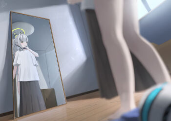 1girl absurdres black_halo black_skirt blue_archive blush clothes_hanger commentary_request cross_hair_ornament day ganba_artworks green_eyes green_halo grey_hair grey_panties hair_ornament halo hare_(blue_archive) highres holding holding_clothes_hanger indoors legs long_hair long_skirt looking_at_mirror mirror panties ponytail pout reflection shirt short_sleeves sidelocks skirt solo standing trying_on_clothes underwear unworn_shirt unworn_skirt white_shirt window wooden_floor