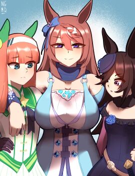 animal_ears blue_eyes blue_flower blue_hat blue_rose blunt_bangs blush bow braid braided_ponytail breasts brown_hair dagger dress ear_bow ear_covers ear_flower ear_ornament ear_ribbon fascinator flat_chest_joke flipped_hair flower hair_between_eyes hair_over_one_eye hairband hat hat_flower highres hime_cut horse_ears horse_girl horseshoe_ornament knife large_breasts long_hair looking_at_viewer low-tied_long_hair multiple_girls ngmq off-shoulder_dress off_shoulder orange_hair orange_tail rice_shower_(rosy_dreams)_(umamusume) rice_shower_(umamusume) rose shirt silence_suzuka_(innocent_silence)_(umamusume) silence_suzuka_(umamusume) smile super_creek_(murmuring_stream)_(umamusume) super_creek_(umamusume) tilted_headwear umamusume very_long_hair weapon white_hair white_hairband