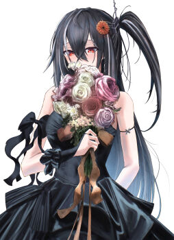 00zanpan00 1girl absurdres alternate_costume arm_behind_back azur_lane bare_shoulders black_bow black_bridal_gauntlets black_hair blush bouquet bow breasts bridal_gauntlets bride commentary covering_own_mouth cowboy_shot cross cross_earrings crossed_bangs dress earrings english_commentary flower hair_between_eyes hair_flower hair_ornament headgear highres holding holding_bouquet jewelry large_breasts long_hair looking_at_viewer multicolored_hair one_side_up pink_flower red_eyes red_flower rose sidelocks simple_background single_arm_cuff single_bridal_gauntlet skindentation solo streaked_hair u-47_(azur_lane) wedding_dress white_background white_flower white_hair white_rose