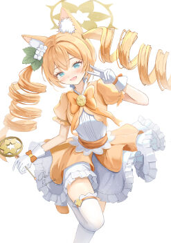 1girl absurdres animal_ears blonde_hair blue_archive blue_eyes blush breasts cheriramune dress gloves halo highres looking_at_viewer magical_girl mari_(blue_archive) open_mouth ribbon simple_background small_breasts solo standing twintails v white_background white_gloves yellow_halo yellow_ribbon