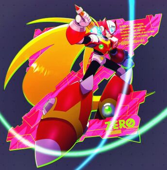 Rule 34 | armor, blonde hair, boots, character name, chest jewel, energy sword, forehead jewel, glowing, grey background, holding, holding sword, holding weapon, long hair, mega man (series), mega man x (series), no-rishio, red armor, red boots, red headwear, sheathed cut, shoulder armor, sword, weapon, z saber, zero (mega man)